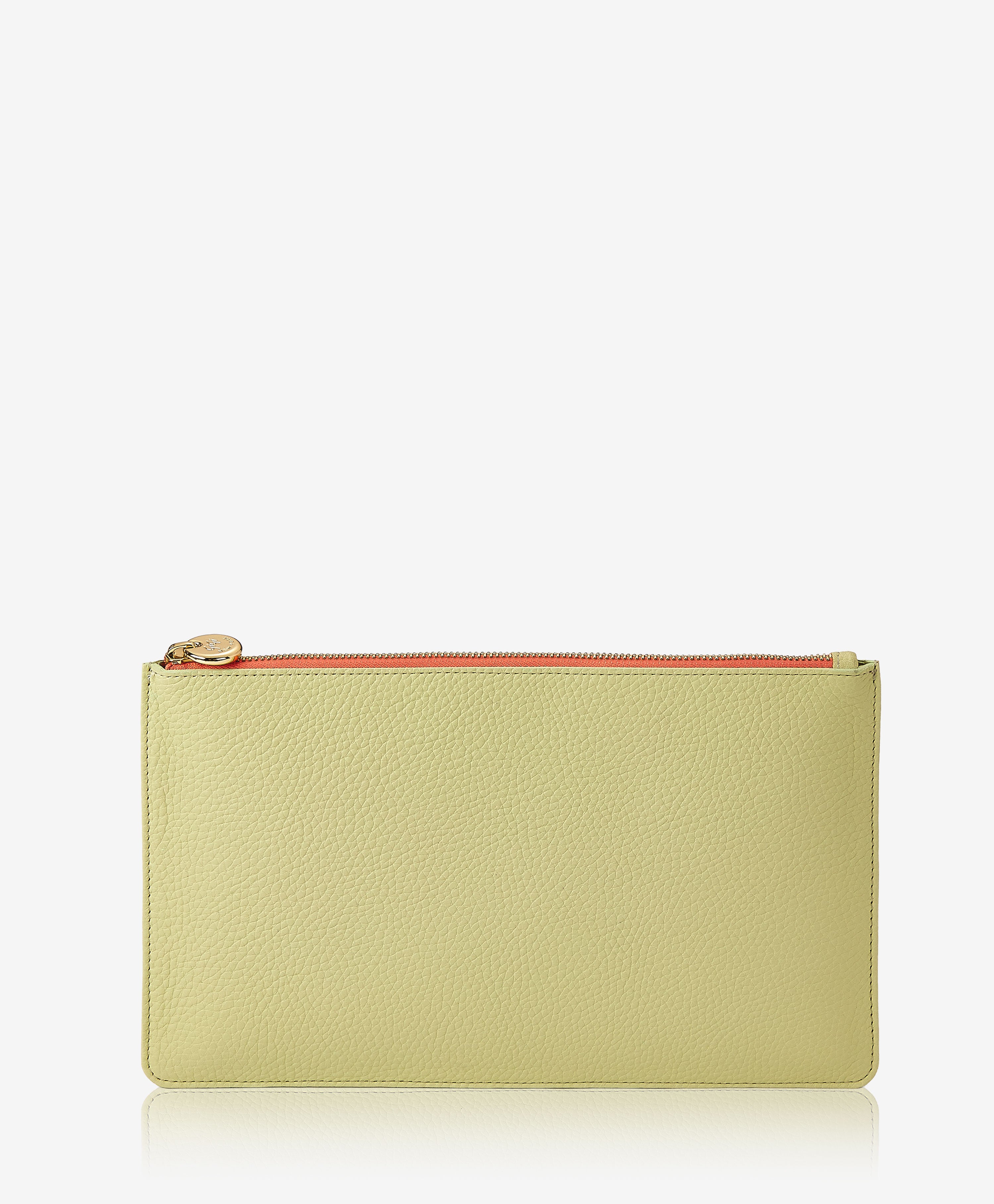 Light green clutch bag with a red zipper on a white background