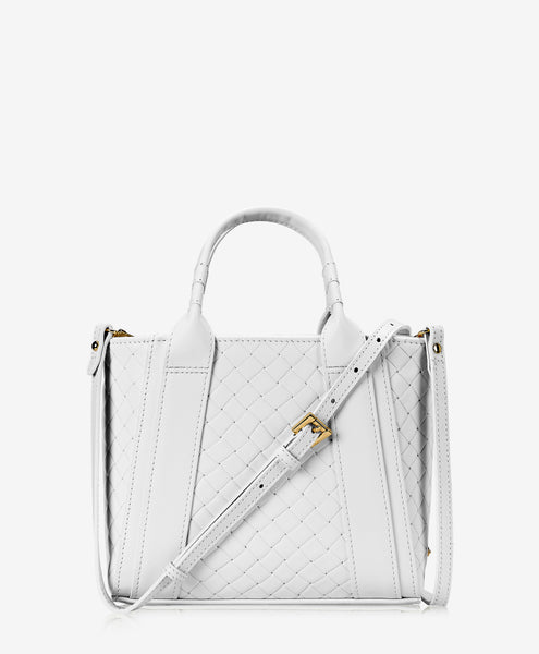 Dylan Mini Tote | White Embossed Woven Italian Calfskin Leather