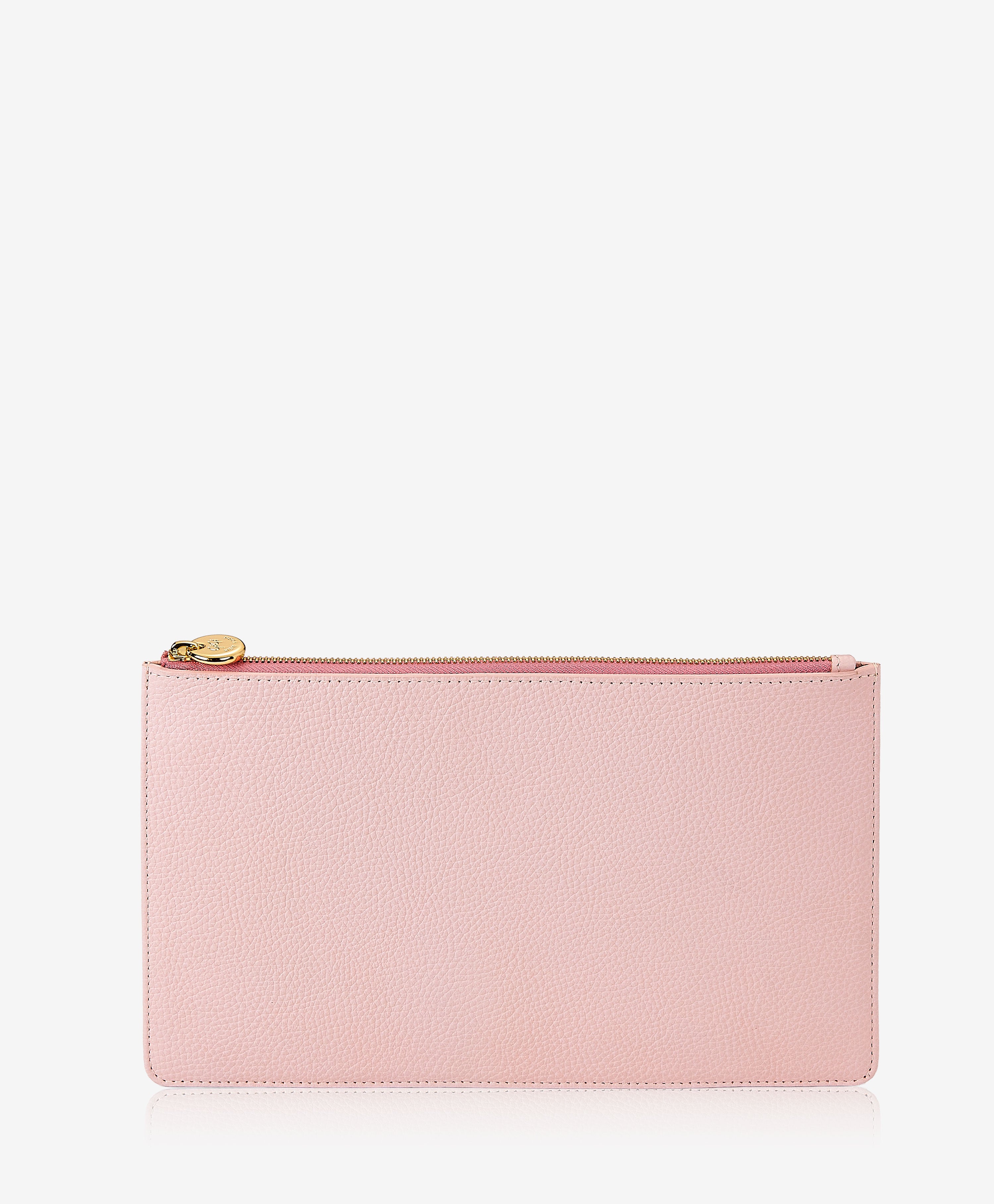 Pink pouch with a gold zipper on a white background