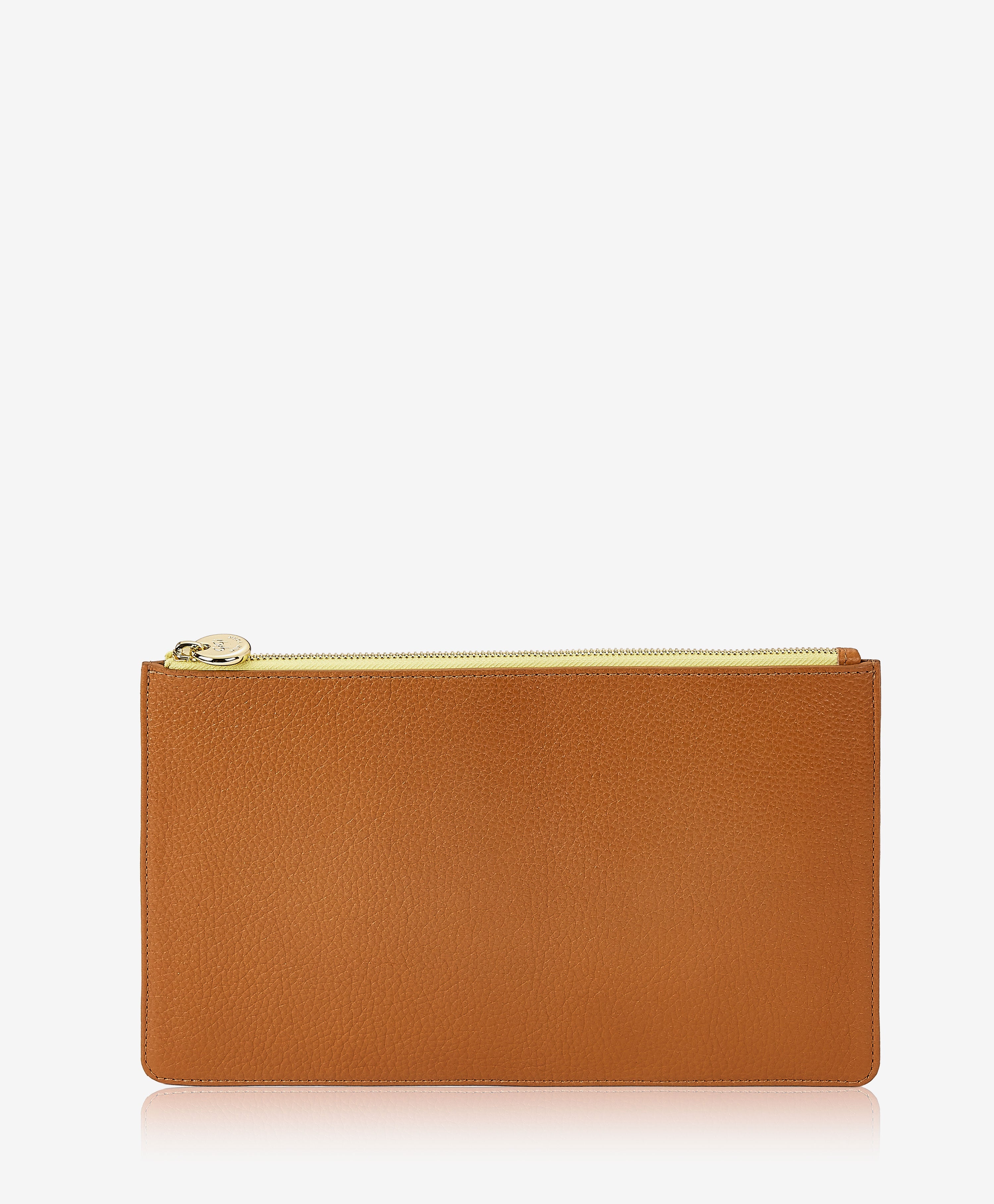 Brown leather pouch with gold zipper on a white background