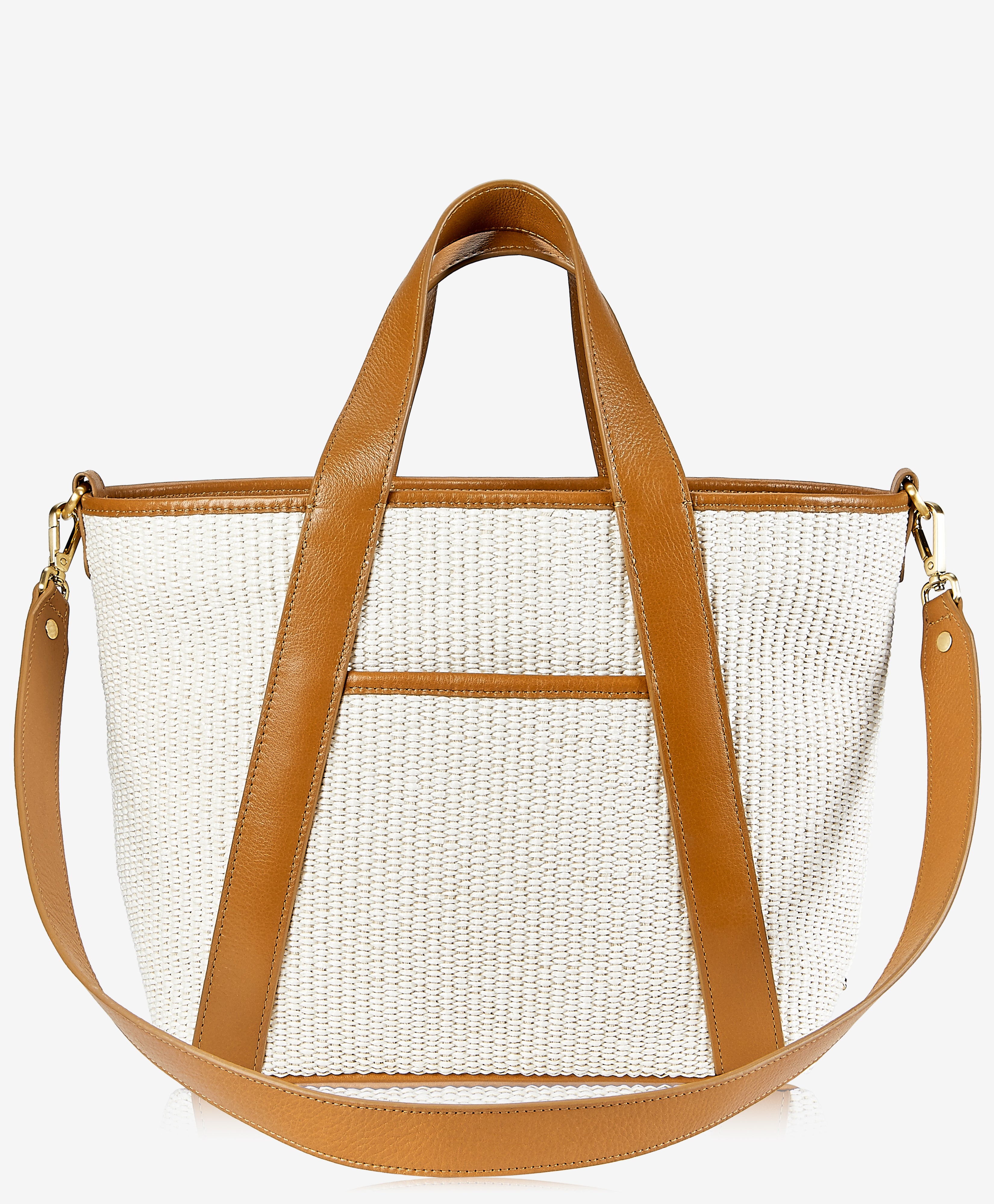 Natural Straw & Leather Market Bag Double Handle Top Zipper 