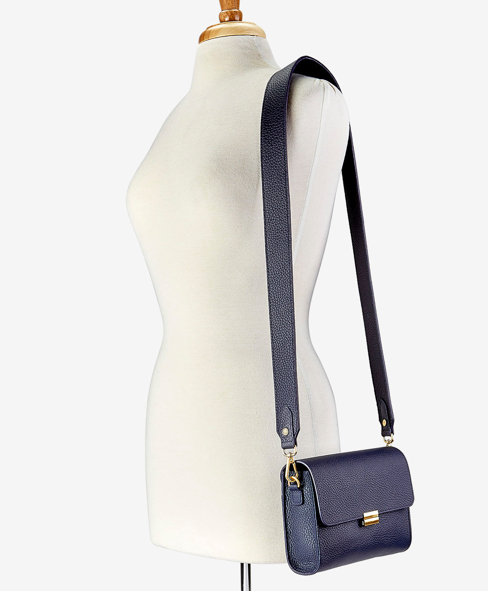 Gigi New York Sutton Wide Strap Crossbody Navy Pebble Grain Leather